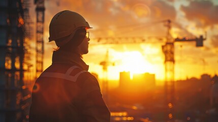 Fototapeta premium Business engineers in silhouette, searching for blueprints through blurry construction sites at sunset.