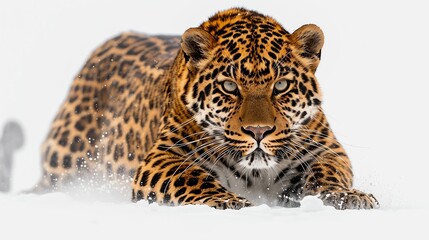 Obraz premium Crouching Leopard A leopard ready to pounce with a clean white backdrop