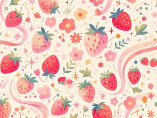 Whimsical Strawberry Garden: floral, strawberries, leaves, summer pattern, abstract shapes, light background, playful design, vibrant colors, cheerful art, botanical illustration