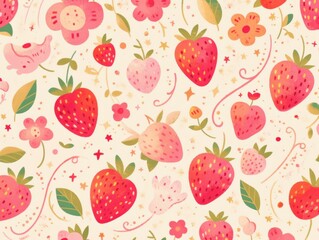 Cute strawberries, flowers, leaves, and whimsical patterns on a light beige background in a colorful, playful illustration.