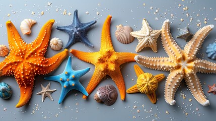 Collection of starfish with unique blue and orange patterns arranged in a circular pattern on a blue background.

