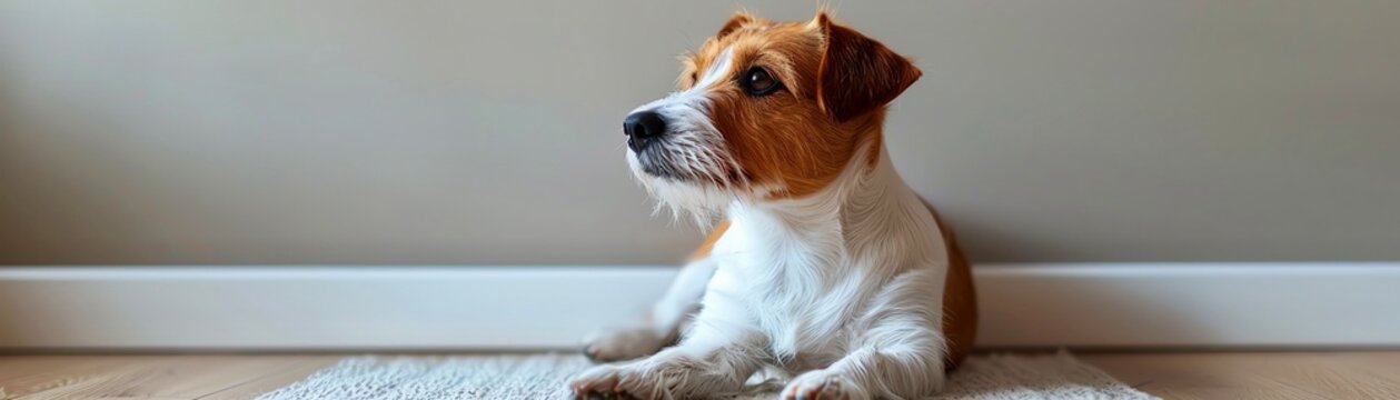 Sitting Dog A well-behaved dog sitting on a white surface