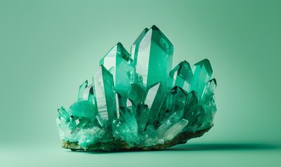  perfect emerald crystal cluster on desaturated green background, Generative AI