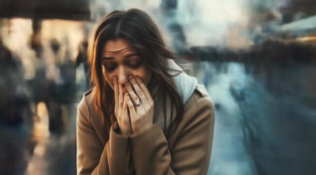 Panic Attack in Public: Woman Overwhelmed on Busy Street