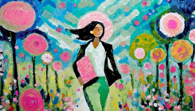 Woman going places. She is on a path and she is on her way. Holding something and wearing a blazer jacket.