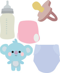 A vector art of baby items included are pacifier, diapers, stuff toy and milk bottle.