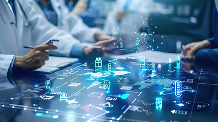Close-up of doctors discussing digital health data on a table
