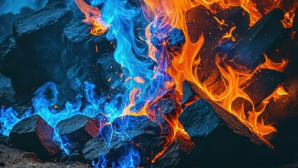 Fototapeta premium Blue and Orange Flames on Burning Wood.