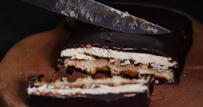 chocolate dessert with sweet soft cheese with sugar, close-up of dessert in milk chocolate