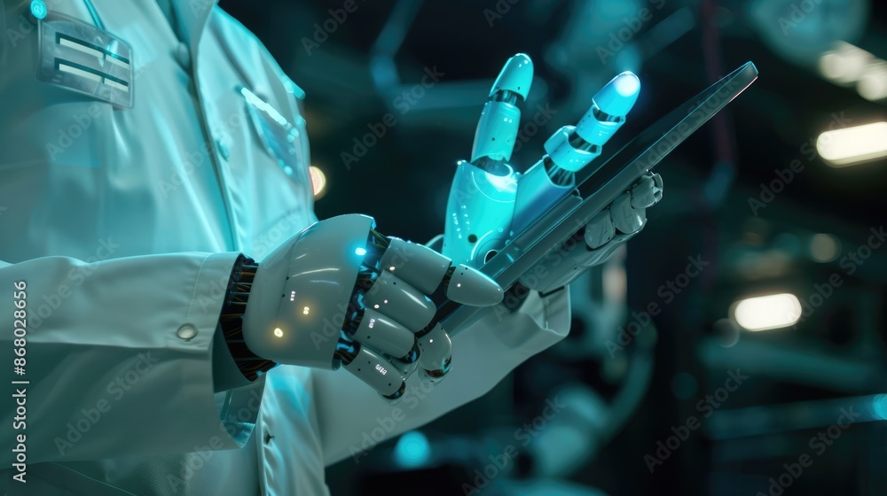 Poster a humanoid robot examines data on a tablet, symbolizing technological advancements in ai and robotic