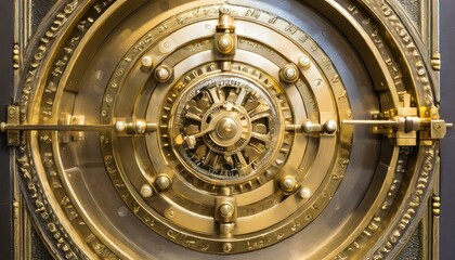 Obraz premium Financial security concept. A detailed close-up of a bank vault door with intricate locking mechanisms and golden tones