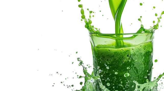 Green smoothie pouring into glass on transparent background