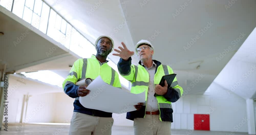 Poster man, architect and supervisor with blueprint, discussion or documents for building or construction a