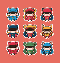 Kawaii superheroes printable stickers clipart vector illustration set