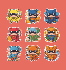 Fototapeta premium Kawaii superheroes printable stickers clipart vector illustration set