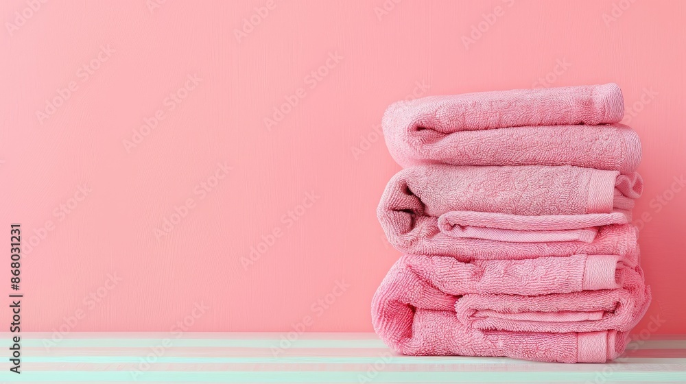 Poster soft towels displayed neatly on table with pink background and room for text