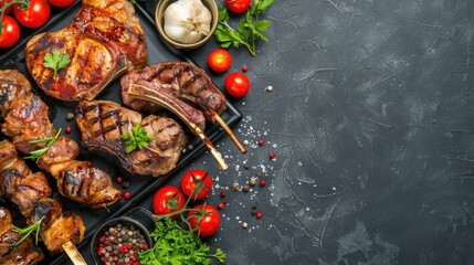 Various grilled meats with vegetables and condiments Lamb and chicken BBQ with tomatoes Overhead view with space for text