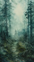 Obraz premium Watercolor painting of a foggy winter pine forest. Mistry morning in the forest. Use for phone wallpapers, posters, postcards, brochures