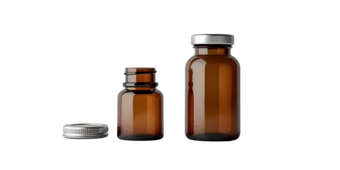 Two brown glass bottles with silver caps. One bottle is closed, and the other is open with the cap next to it. Isolated on white background.