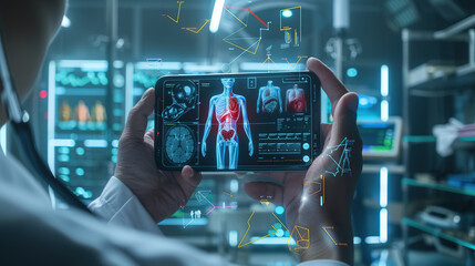A doctor using an AR medical interface on his smartphone, showcasing the detailed digital hologram of human anatomy with data and visual charts.