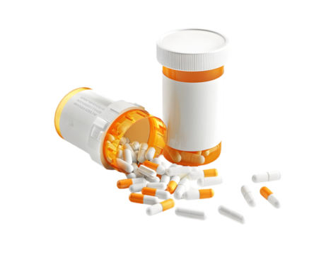 Two orange prescription bottles with white labels, one open with capsules spilling out, isolated on a white background.