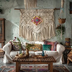 Obraz premium A detailed feature in a home decor magazine showcasing an intricate macrame wall hanging as the centerpiece in a bohemian-style living room