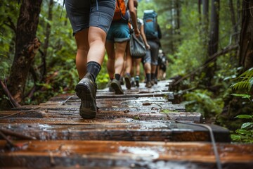 Group of hikers crossing a wooden bridge, conveying teamwork and camaraderie, close up, forest adventure, dynamic, fusion, lush forest backdrop