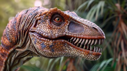 Realistic dinosaur head close-up with detailed scales and foliage in background