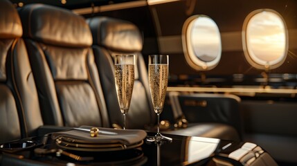 Private jet interior with leather seats and champagne, emphasizing luxury travel and comfort, close up, elite aviation, futuristic, composite, skyhigh backdrop