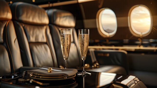 Private jet interior with leather seats and champagne, emphasizing luxury travel and comfort, close up, elite aviation, futuristic, composite, skyhigh backdrop
