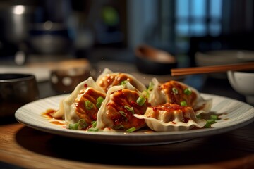 Japanese gyoza dumplings on a plate. Japanese steamed dumplings
