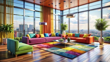 Fototapeta premium Luxurious modern interior with bright colors and large windows, luxury, modern, bright, interiors, room, rendering