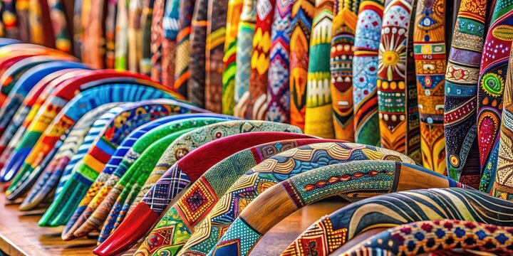 Market stall selling a variety of colorful boomerangs , boomerangs, market, stall, sale, vibrant, colors, souvenir