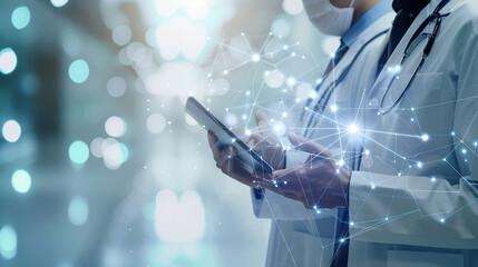 Doctors in the context of medical network connectivity technology, the concept of a digital future and hospital data systems hold small tablets