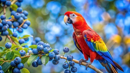 Colorful Parrot Perched on Blue Fruit Tree , Parrot, Blue, Fruit tree, Tropical, Wildlife, Feathers, Exotic, Vibrant
