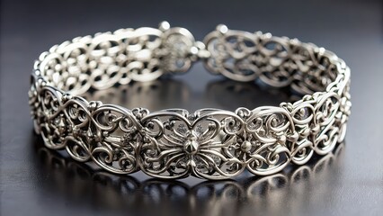 Close up of a silver bracelet with intricate metalwork design , jewelry, accessory, fashion, close-up, accessory, wrist, arm