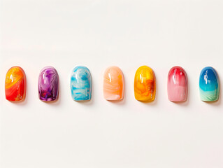 A collection of artistic nail designs featuring various colors and decorative elements on a plain white background.