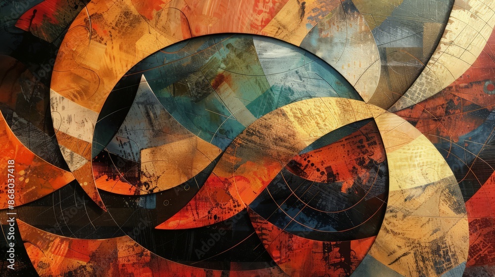 Poster abstract background with layers of overlapping shapes and textures, creating a sense of depth and co