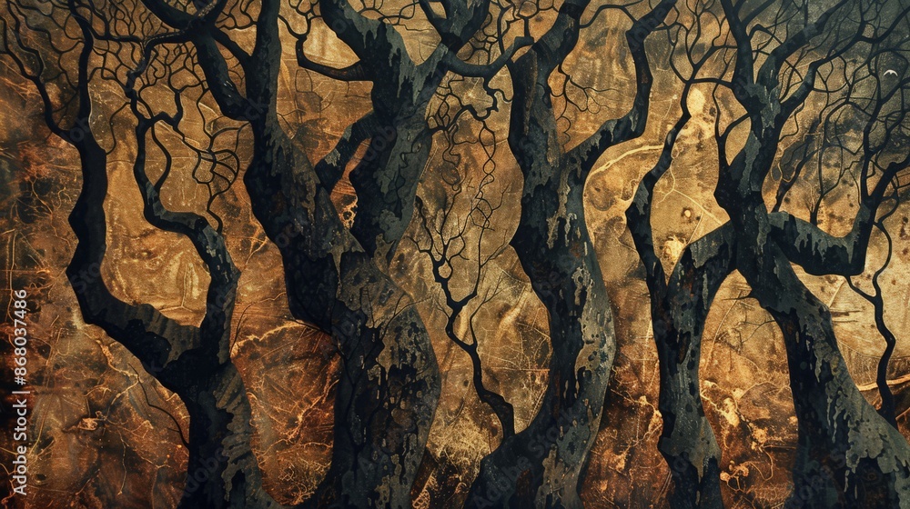 Poster abstract forest, with intertwining tree shapes and earthy tones blending into a harmonious whole.