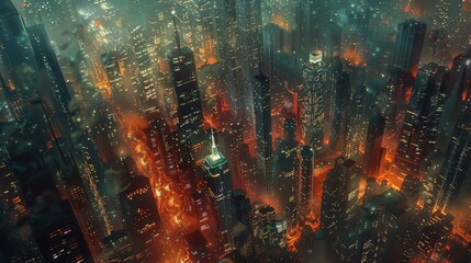 abstract cityscape at night, with lights and shadows forming an intricate, dream-like pattern.