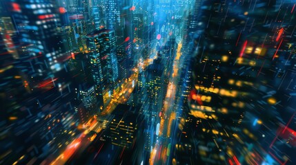 abstract cityscape at night, with lights and shadows forming an intricate, dream-like pattern.