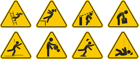 Bundle set triangle yellow safety industrial accident injury pictogram, fall, trip, wet floor, worker above