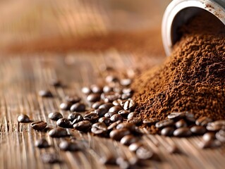 Spilled Coffee Grounds on a Wooden Table