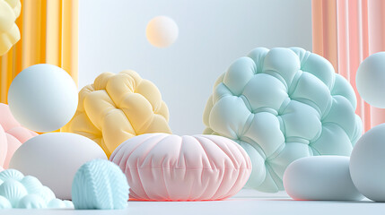 3d render background, Soft Pastel Inflated Shapes, Puffy and cushion