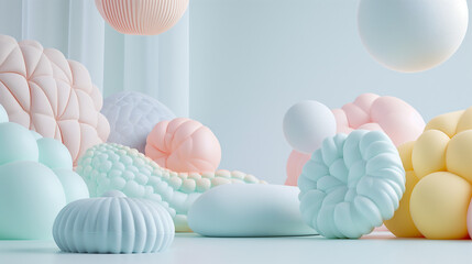 3d render background, Soft Pastel Inflated Shapes, sky blue background
