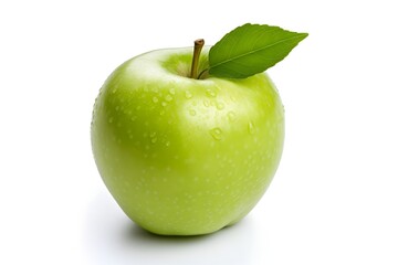 Green apple with leaf on white background