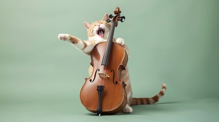 A photo of a cat elated playing cello, isolated on a light green background