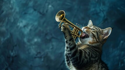 A photo of a cat ecstatic playing trumpet, isolated on a dark blue background