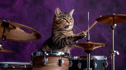 A photo of a cat crazy playing drums, isolated on a dark purple background