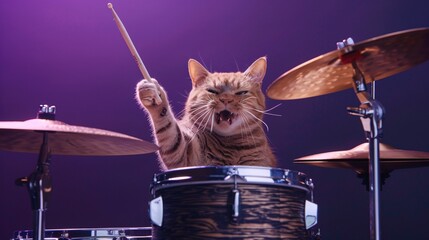 A photo of a cat crazy playing drums, isolated on a dark purple background